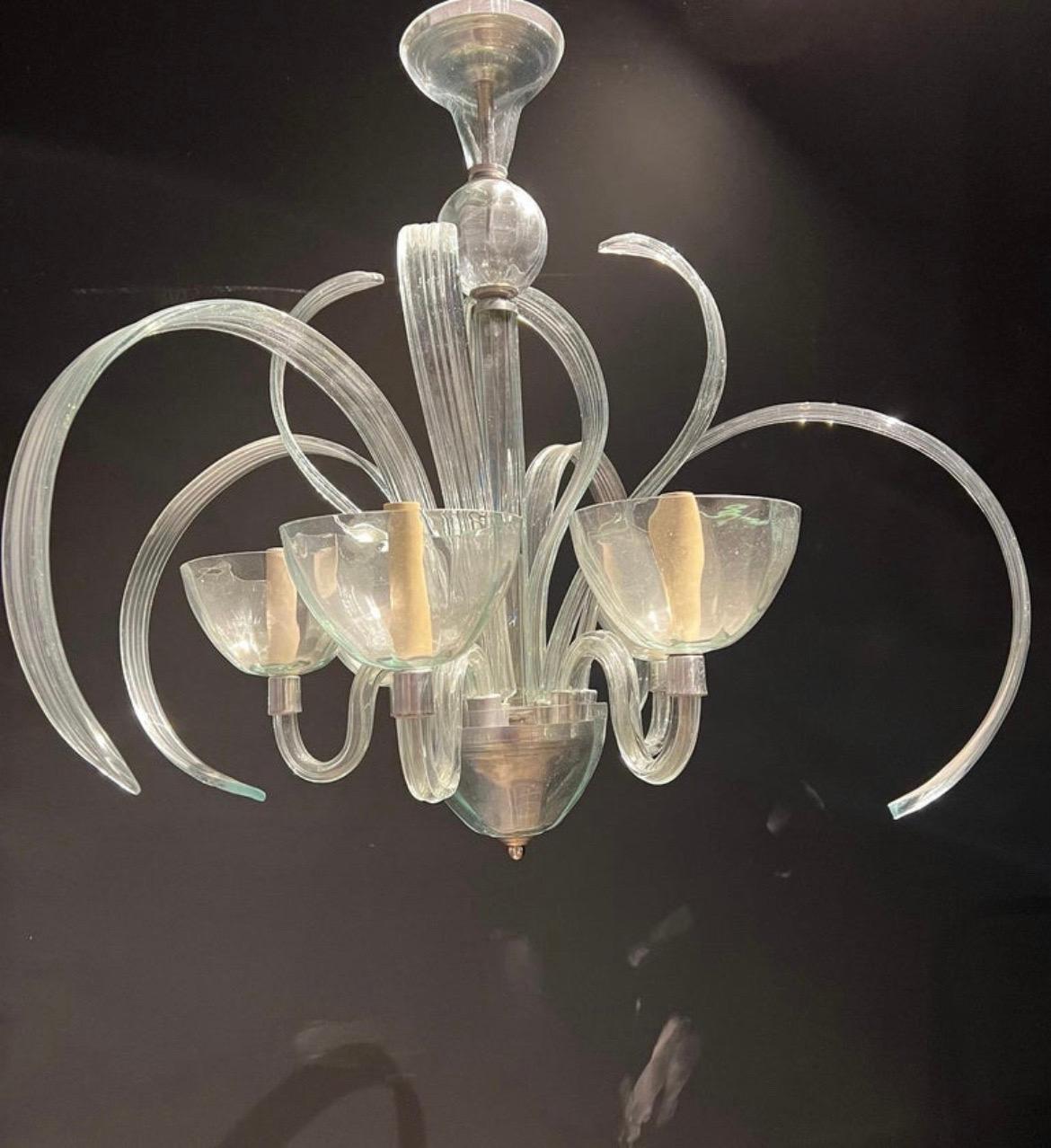 Mid-20th Century 1940’s Murano Clear Glass Chandelier with 5 Lights For Sale