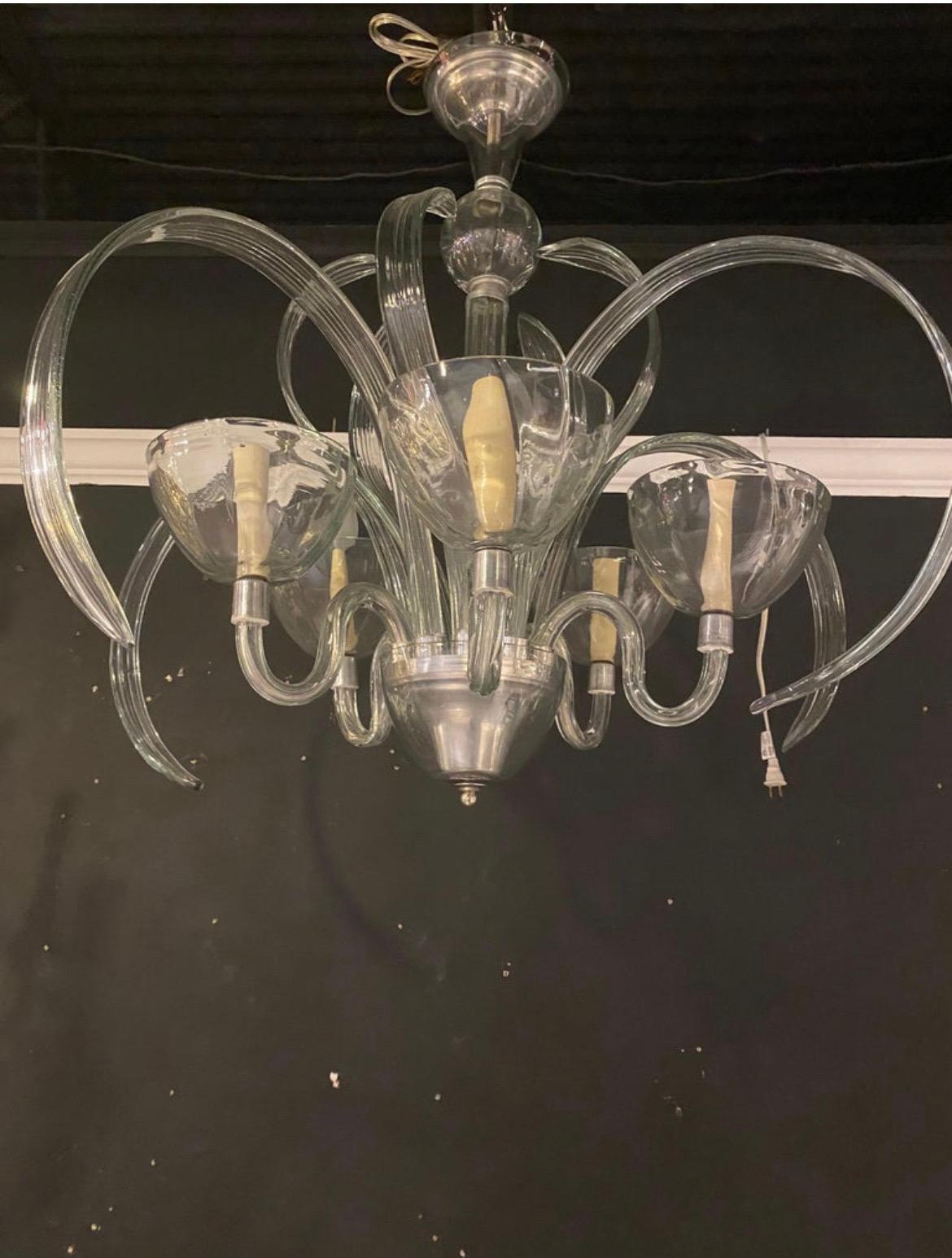 1940’s Murano Clear Glass Chandelier with 5 Lights For Sale 1