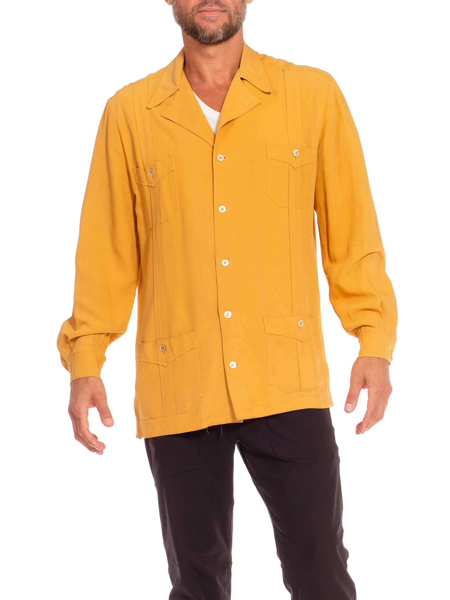 Orange 1940S Mustard Silk Blend Crepe Western Style Button Up Shirt For Sale