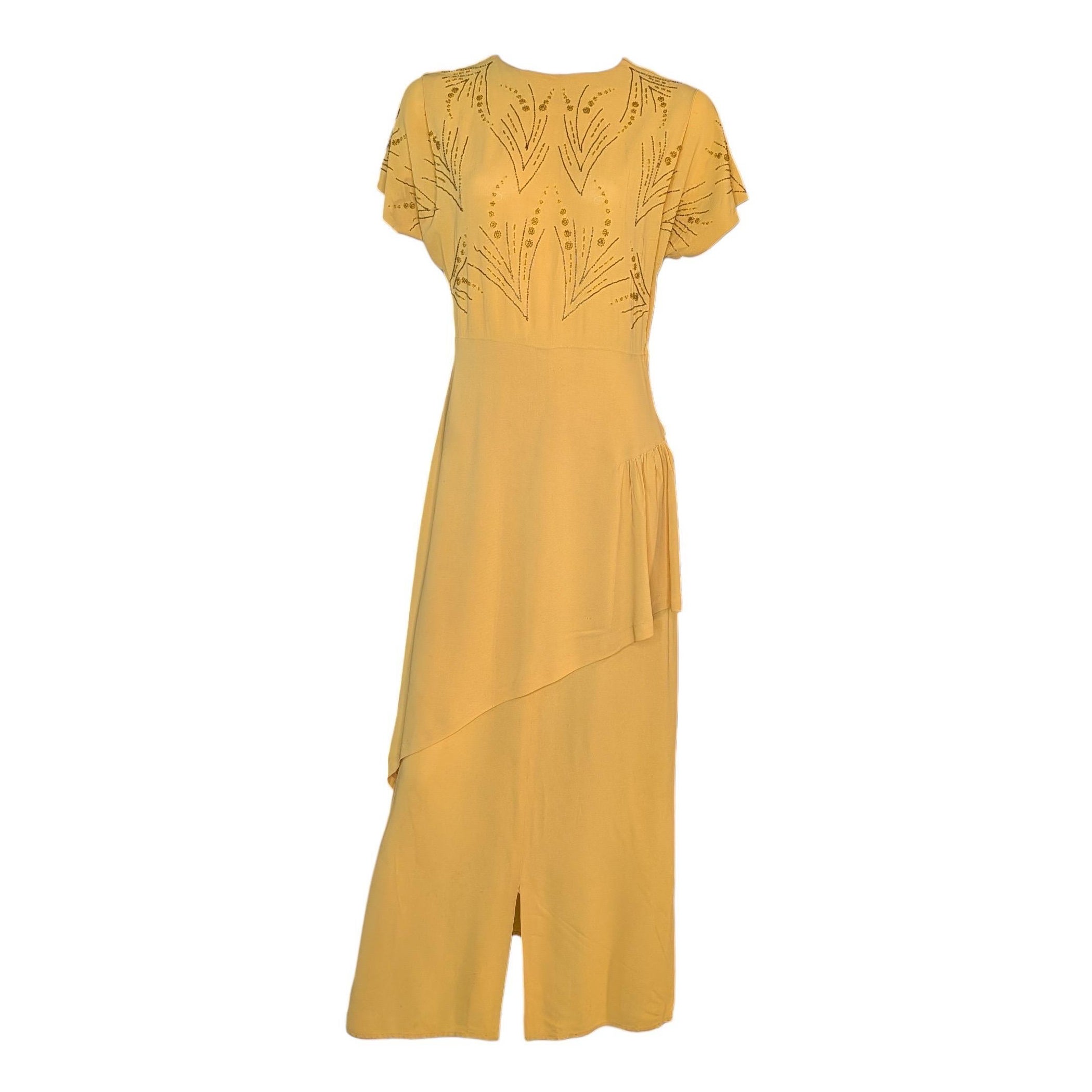 1940s Mustard Yellow Beaded Gown