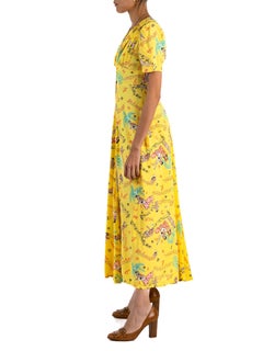 1940S Senfgelb Kaltes Rayon Hawaiin Novelty Print Kleid