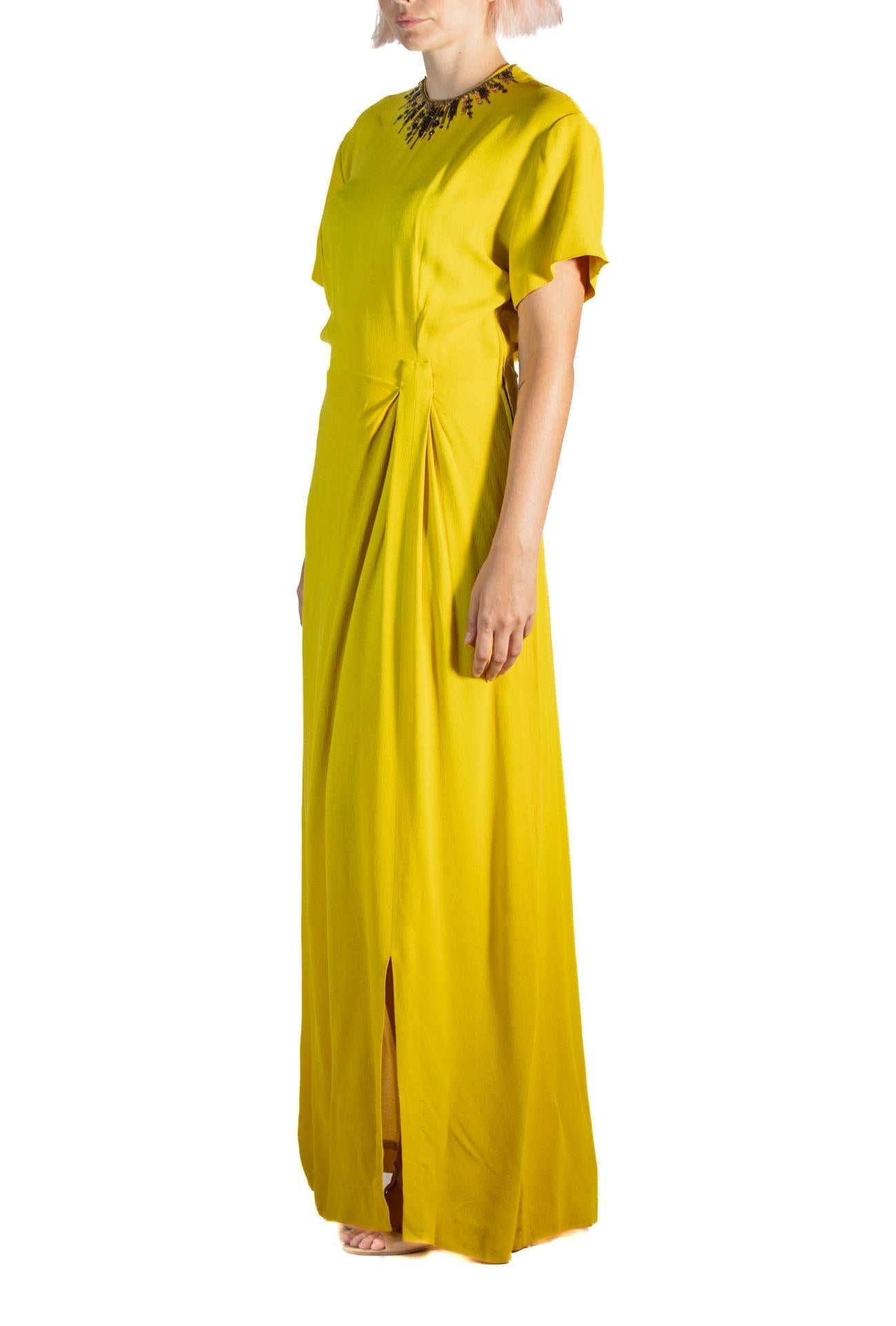 Women's 1940S Mustard Yellow Old Hollywood Rayon Crepe Gown With Beaded Collar Detail For Sale