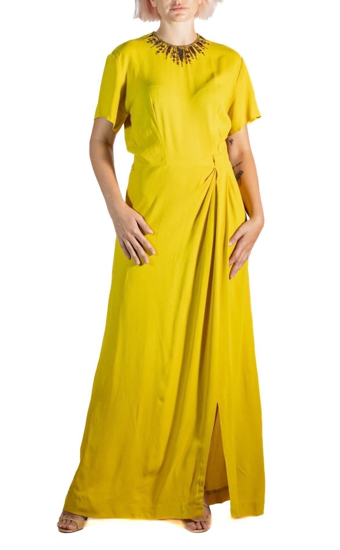 1940S Mustard Yellow Old Hollywood Rayon Crepe Gown With Beaded Collar Detail For Sale 1