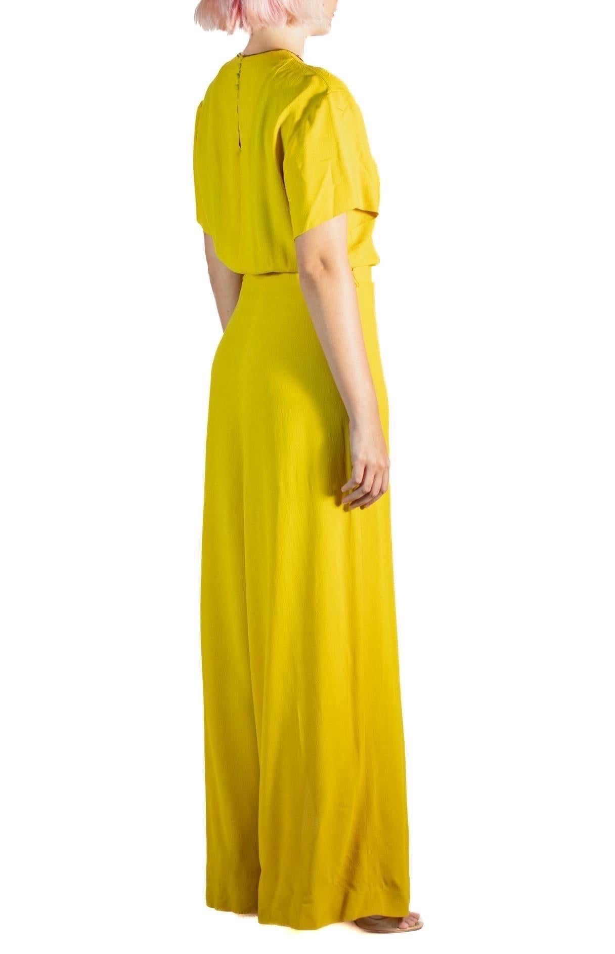 1940S Mustard Yellow Old Hollywood Rayon Crepe Gown With Beaded Collar Detail For Sale 2