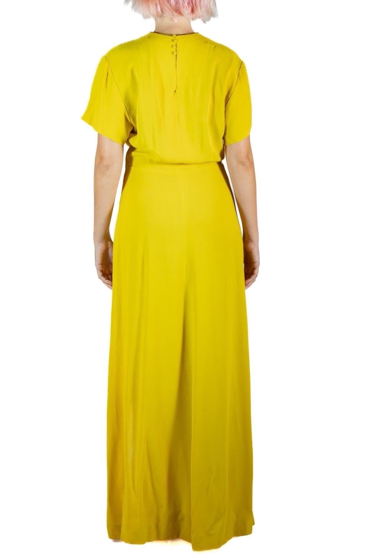 1940S Mustard Yellow Old Hollywood Rayon Crepe Gown With Beaded Collar Detail For Sale 3
