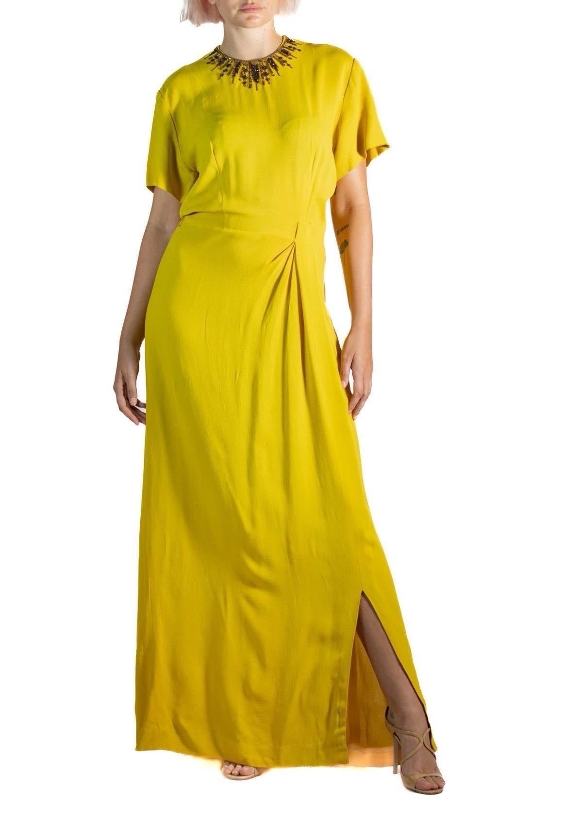 1940S Mustard Yellow Old Hollywood Rayon Crepe Gown With Beaded Collar Detail For Sale 4