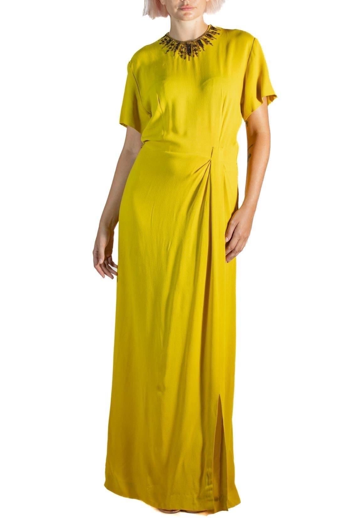 1940S Mustard Yellow Old Hollywood Rayon Crepe Gown With Beaded Collar Detail For Sale 5