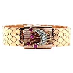 1940s Nastix 14 Karat Rose Gold Ruby and Diamond Covered Watch Bracelet