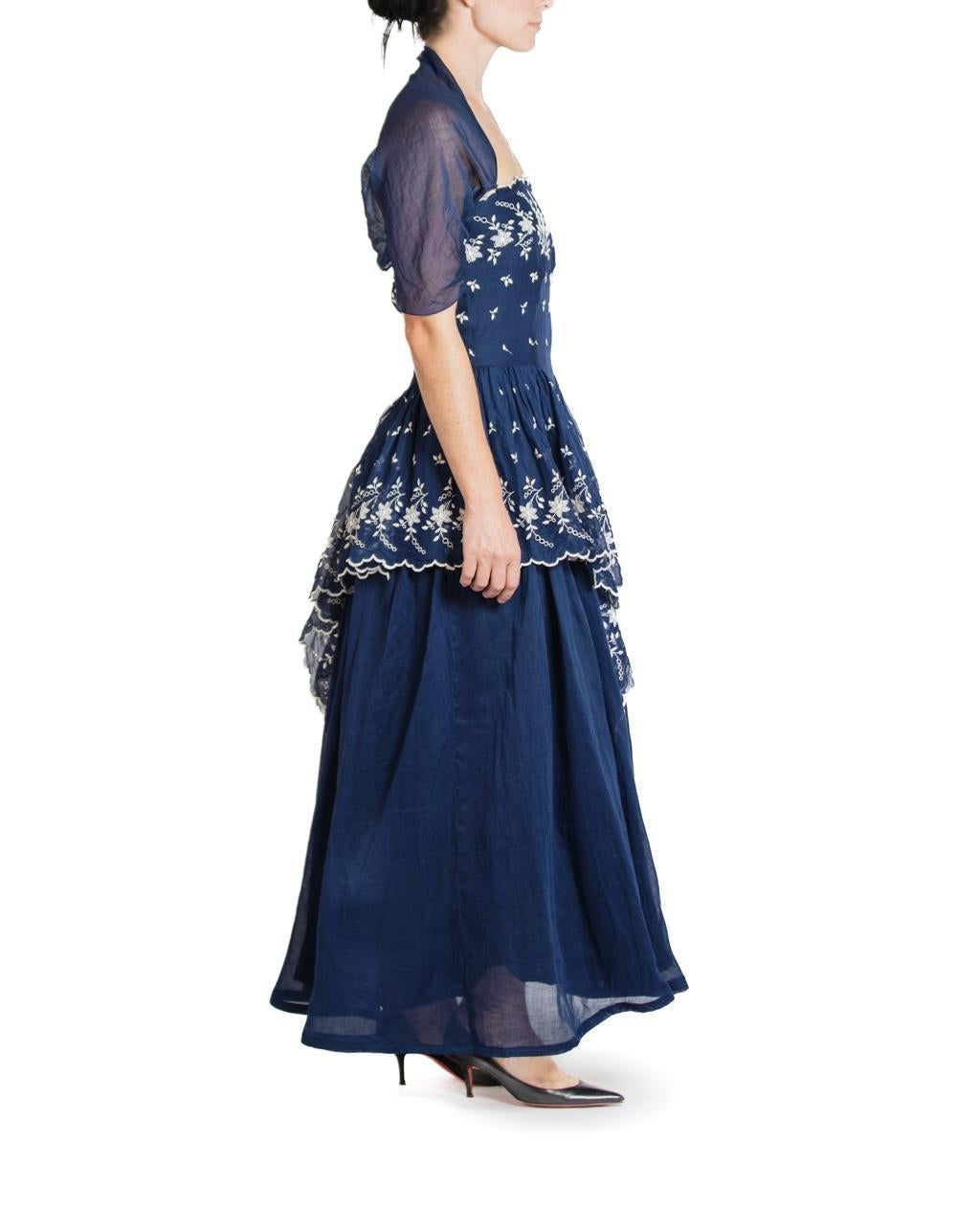 Women's 1940S Nave Blue & White Cotton Voile Embroidered Gown With Sheer Jacket For Sale