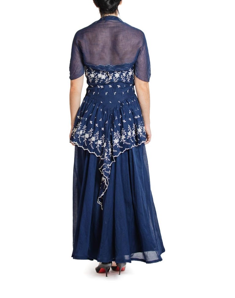1940S Nave Blue and White Cotton Voile Embroidered Gown With Sheer Jacket  For Sale at 1stDibs