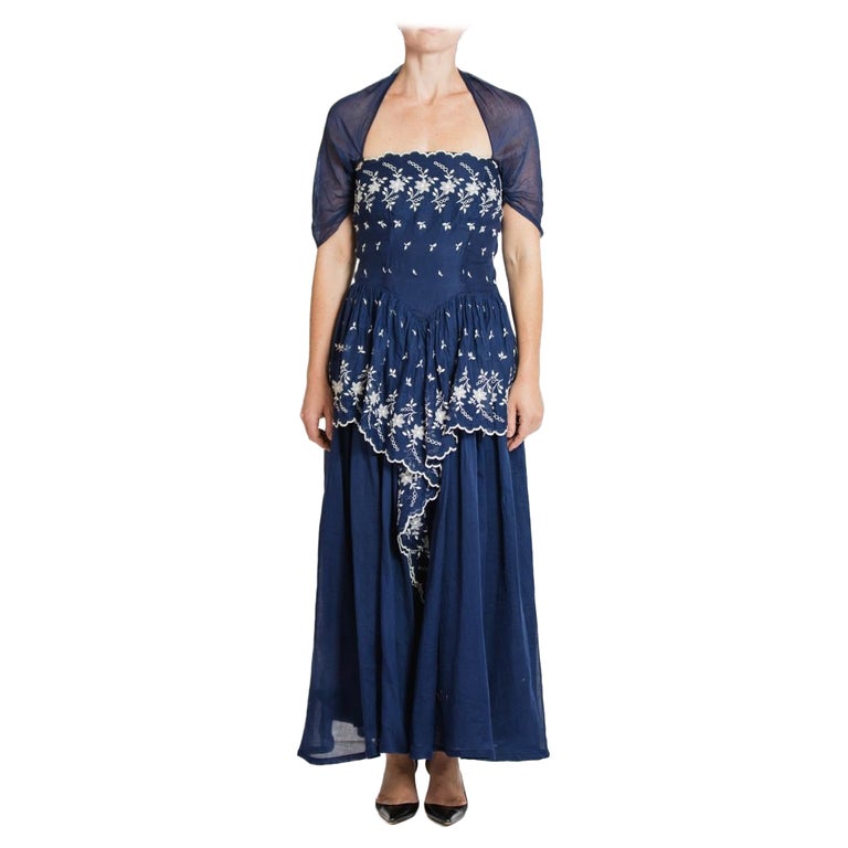 1940S Nave Blue and White Cotton Voile Embroidered Gown With Sheer Jacket  For Sale at 1stDibs