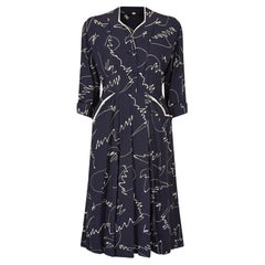 Vintage 1940s Navy and White Abstract Print Cold Rayon Dress