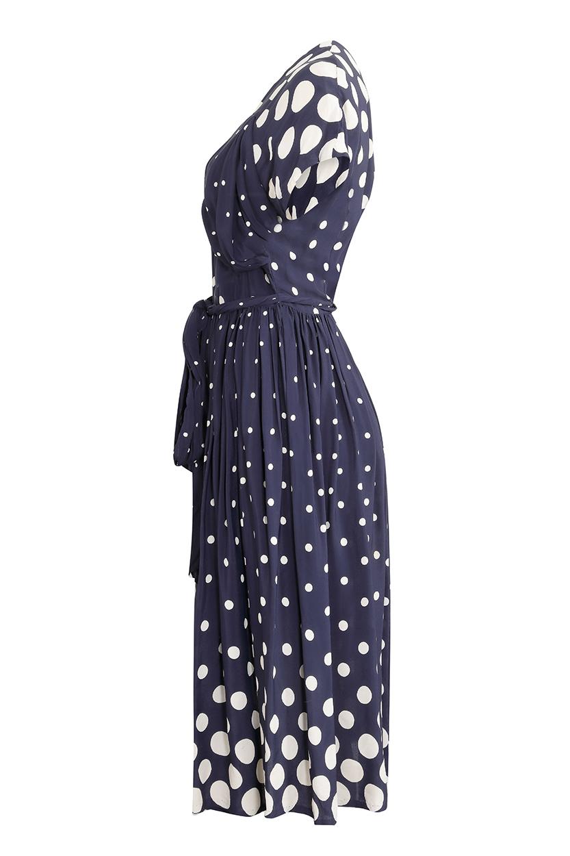 Black 1940s Navy And White Polkadot Dress With Belt For Sale