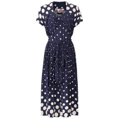 Used 1940s Navy And White Polkadot Dress With Belt