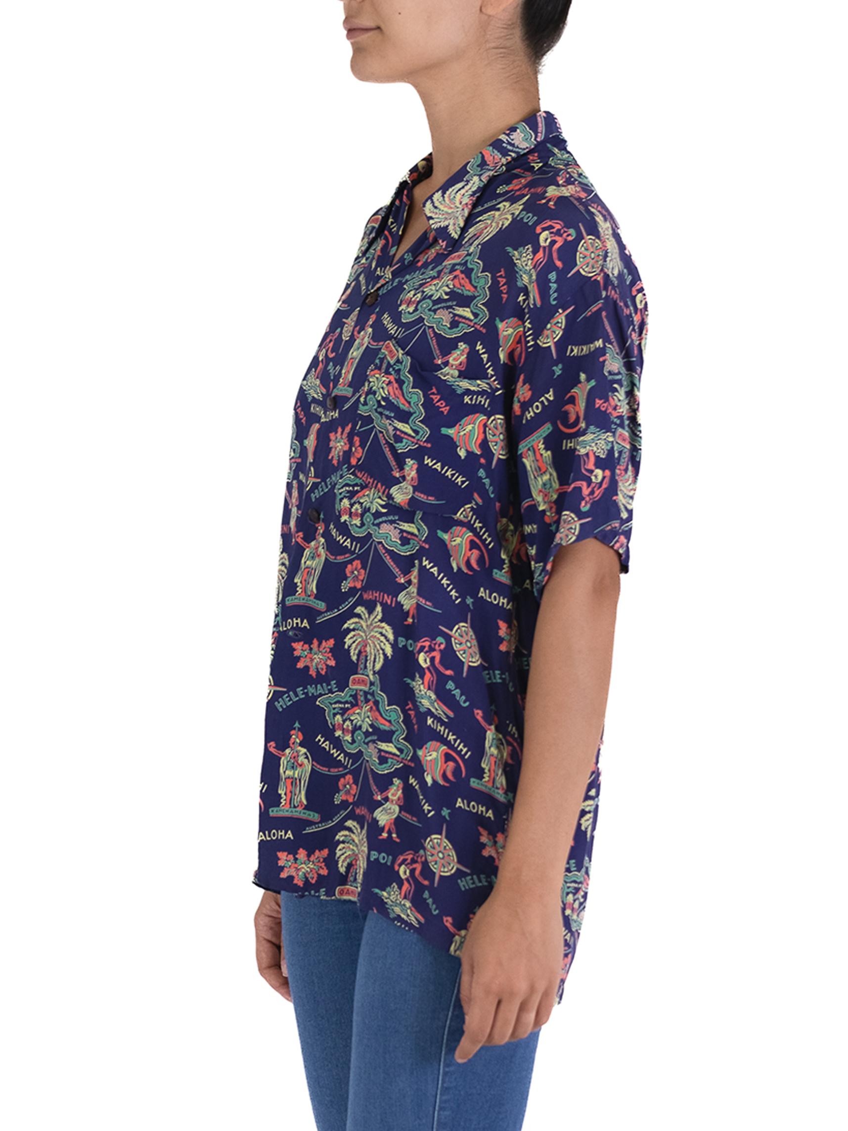 We looked this over and there is only one small hole repair, otherwise in great condition with original coconut buttons. 1940S Navy Blue Cold Rayon Made In Hawaii Tropical Island Aloha WW2 Print Shirt 