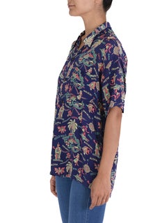 1940S Navy Blue Cold Rayon Made In Hawaii Tropical Island Aloha WW2 Print Shirt