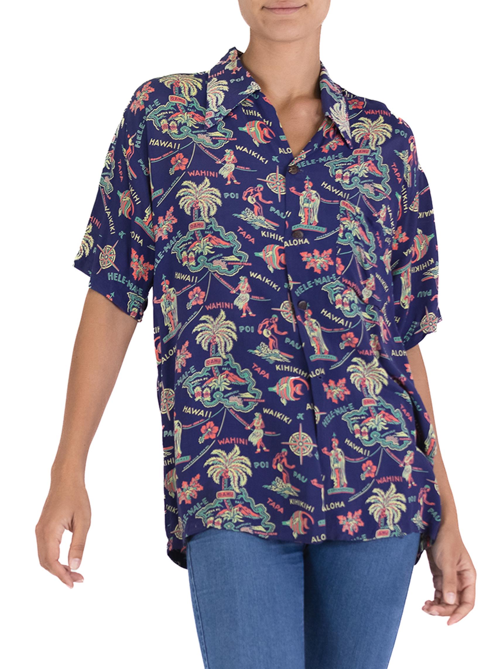 1940S Marineblau Kalte Rayon Made in Hawaii Tropische Insel Aloha WW2 Print Shirt im Angebot 2