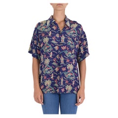Camicia 1940S Navy Blue Cold Rayon Made In Hawaii Tropical Island Aloha WW2 Print