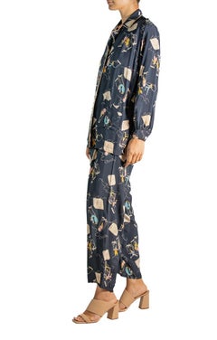 1940S Navy Blue Cold Rayon Marionettes On The Tv Pajamas