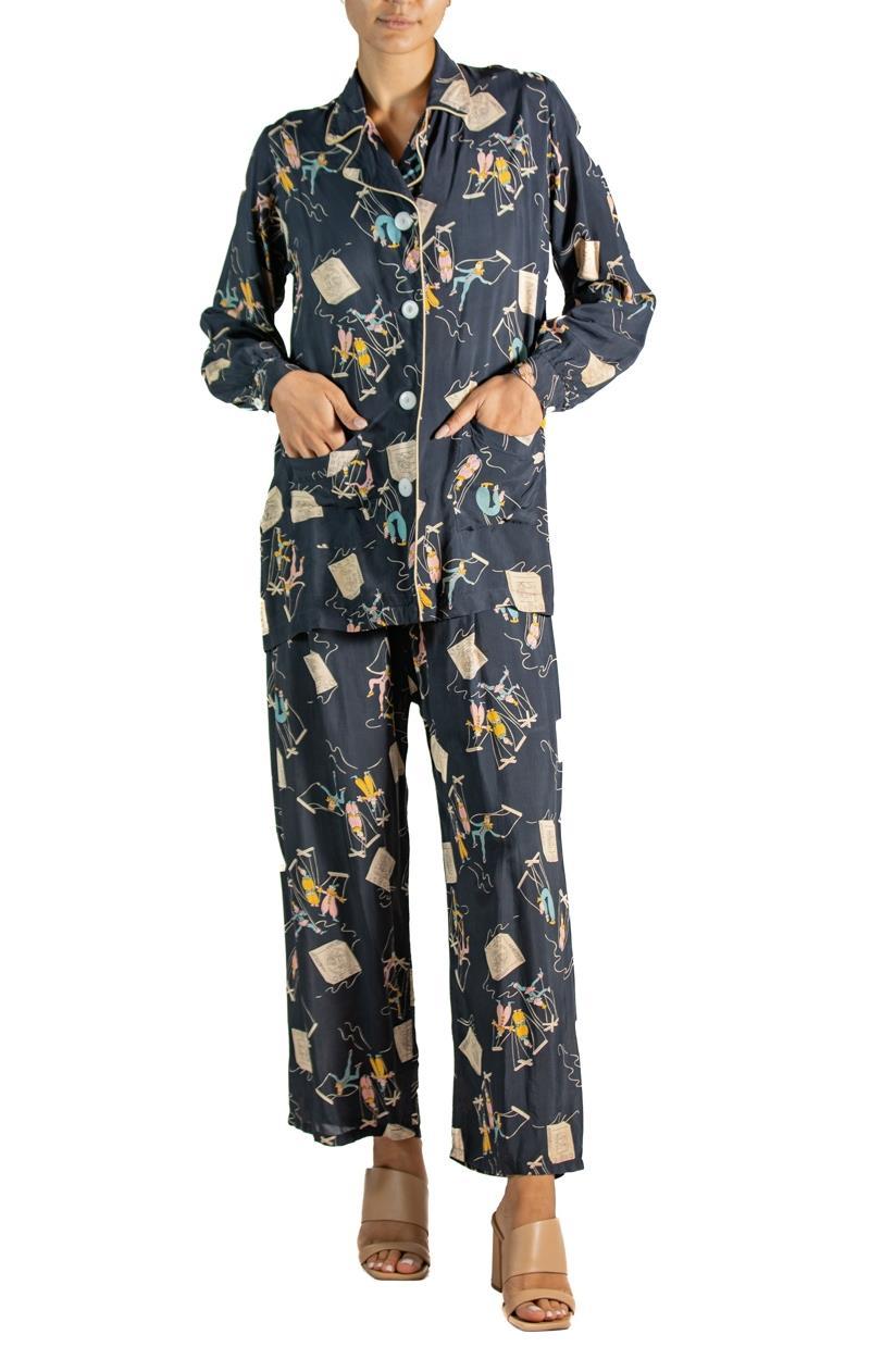 Women's or Men's 1940S Navy Blue Cold Rayon Marionettes On The Tv Pajamas For Sale