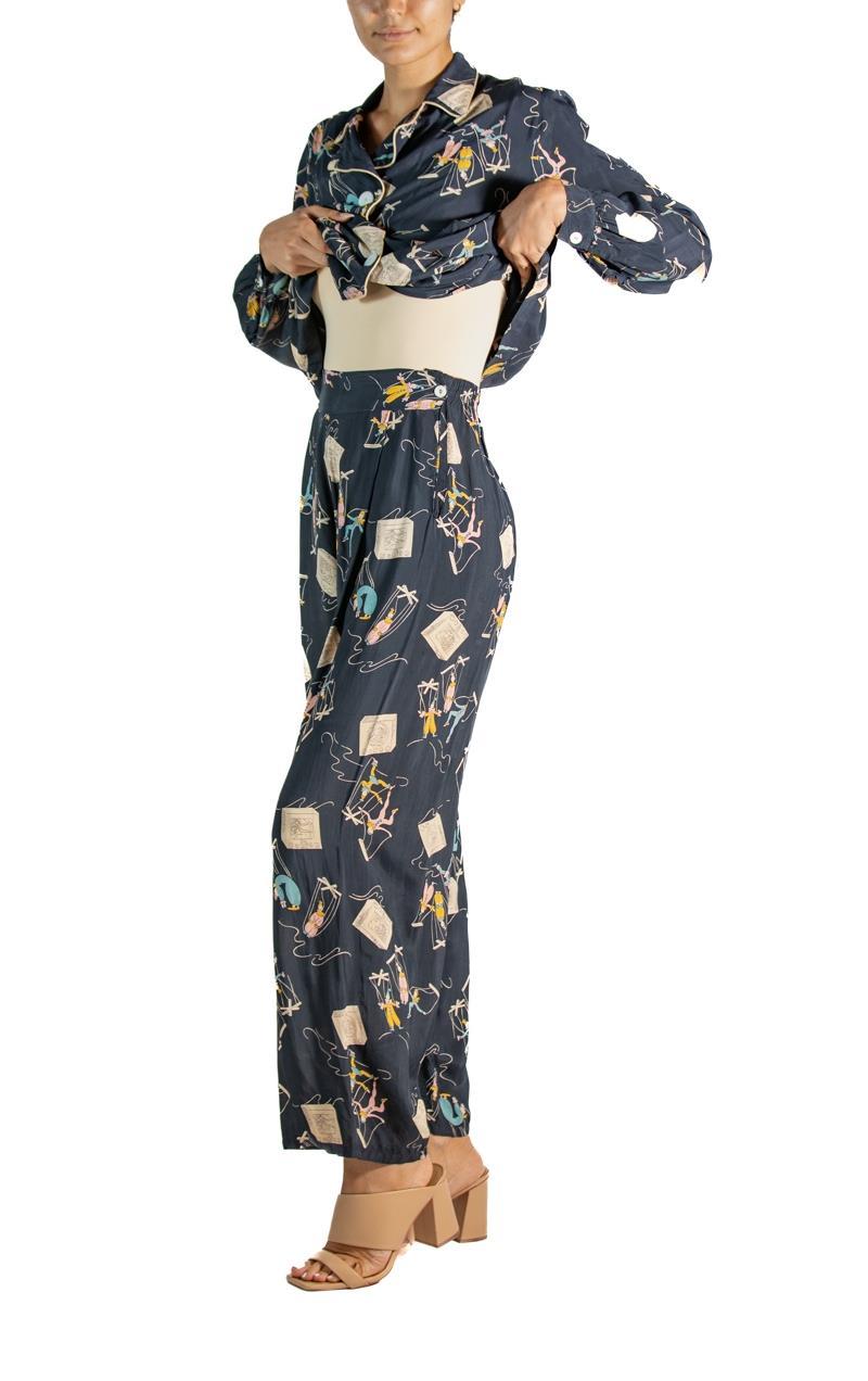 1940S Navy Blue Cold Rayon Marionettes On The Tv Pajamas For Sale 1