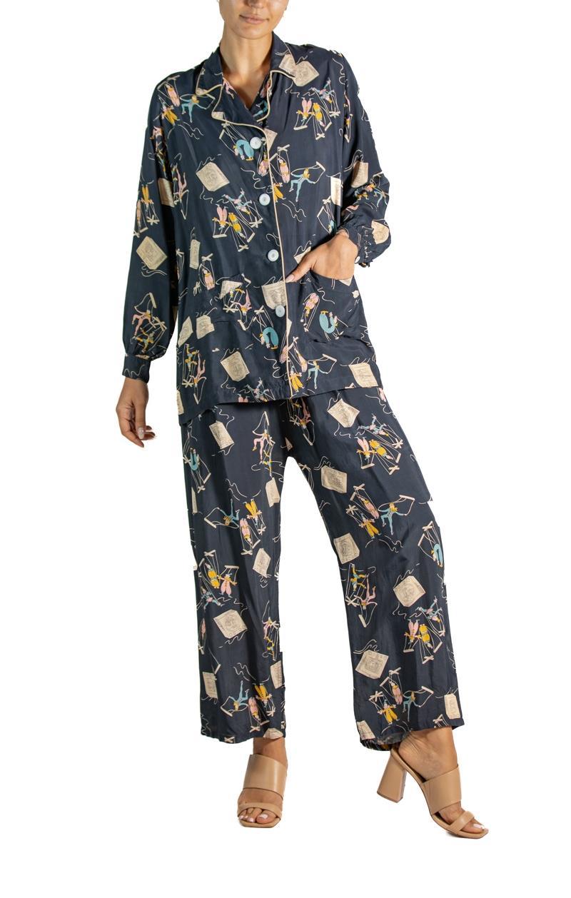1940S Navy Blue Cold Rayon Marionettes On The Tv Pajamas For Sale 2