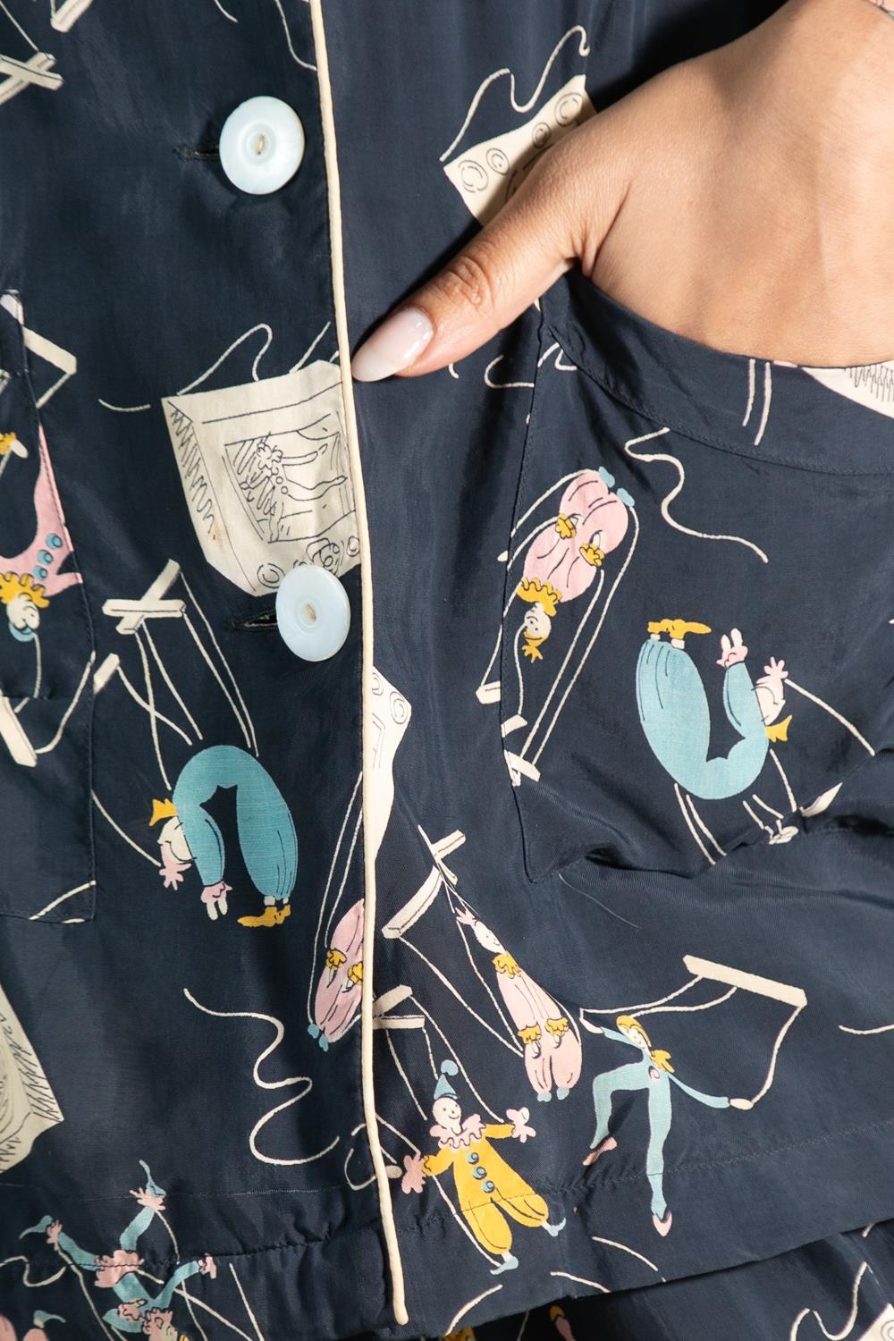 1940S Navy Blue Cold Rayon Marionettes On The Tv Pajamas For Sale 3
