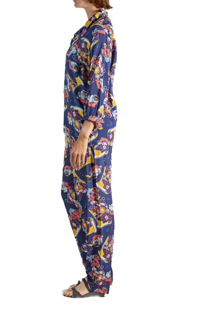 Black 1940S Navy Blue Cold Rayon Rare Pirate Ship & Treasure Map Print Pajamas For Sale