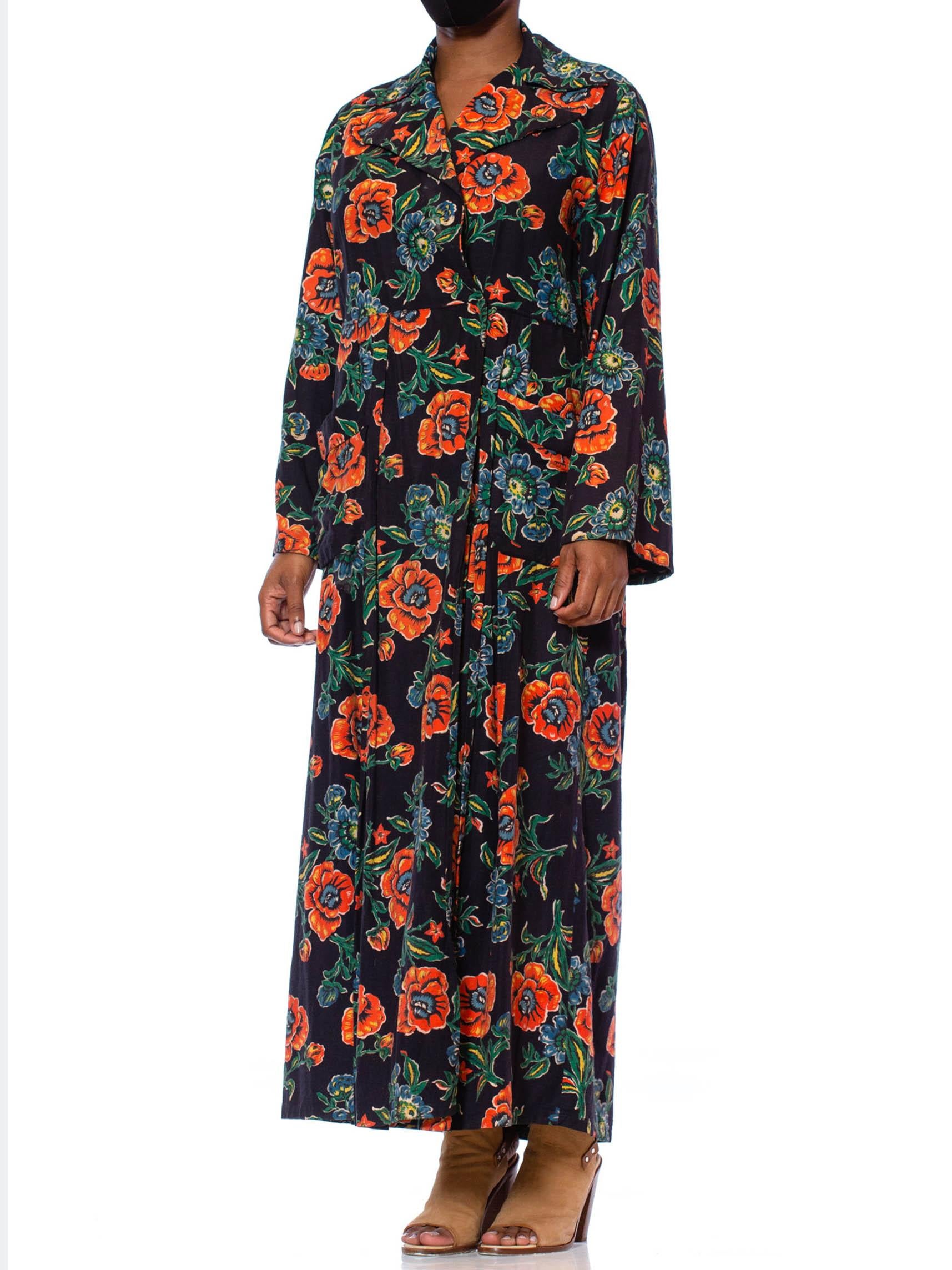 1940S Navy Blue Cotton Flannel Orange and Floral Duster Robe For Sale ...