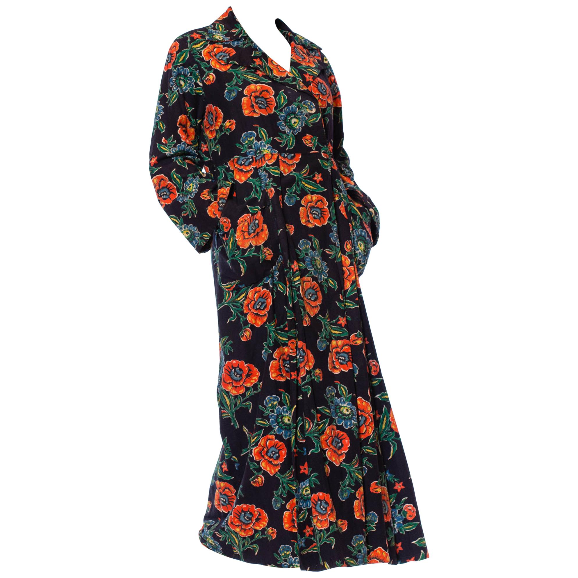 1940S Navy Blue Cotton Flannel Orange & Floral Duster Robe