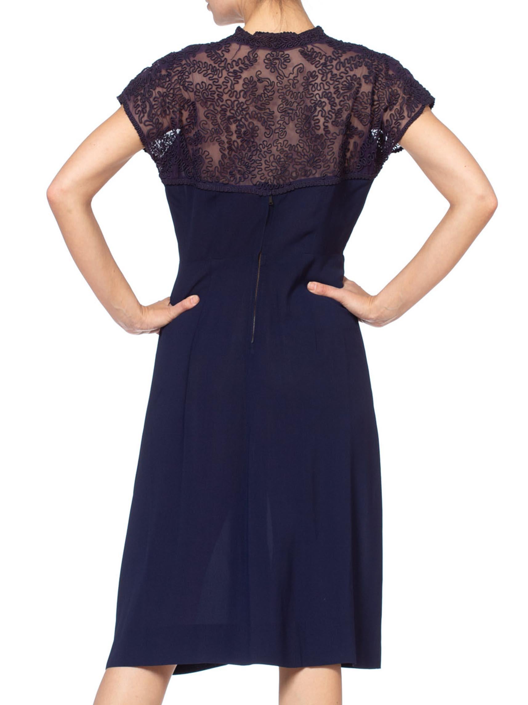 1940'S Navy Blue Rayon Crepe Dress With Embroidered Sheer Back For Sale 5
