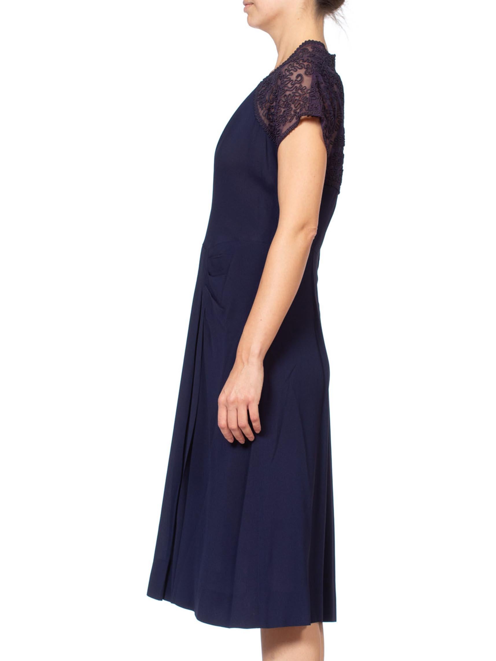 Black 1940'S Navy Blue Rayon Crepe Dress With Embroidered Sheer Back For Sale