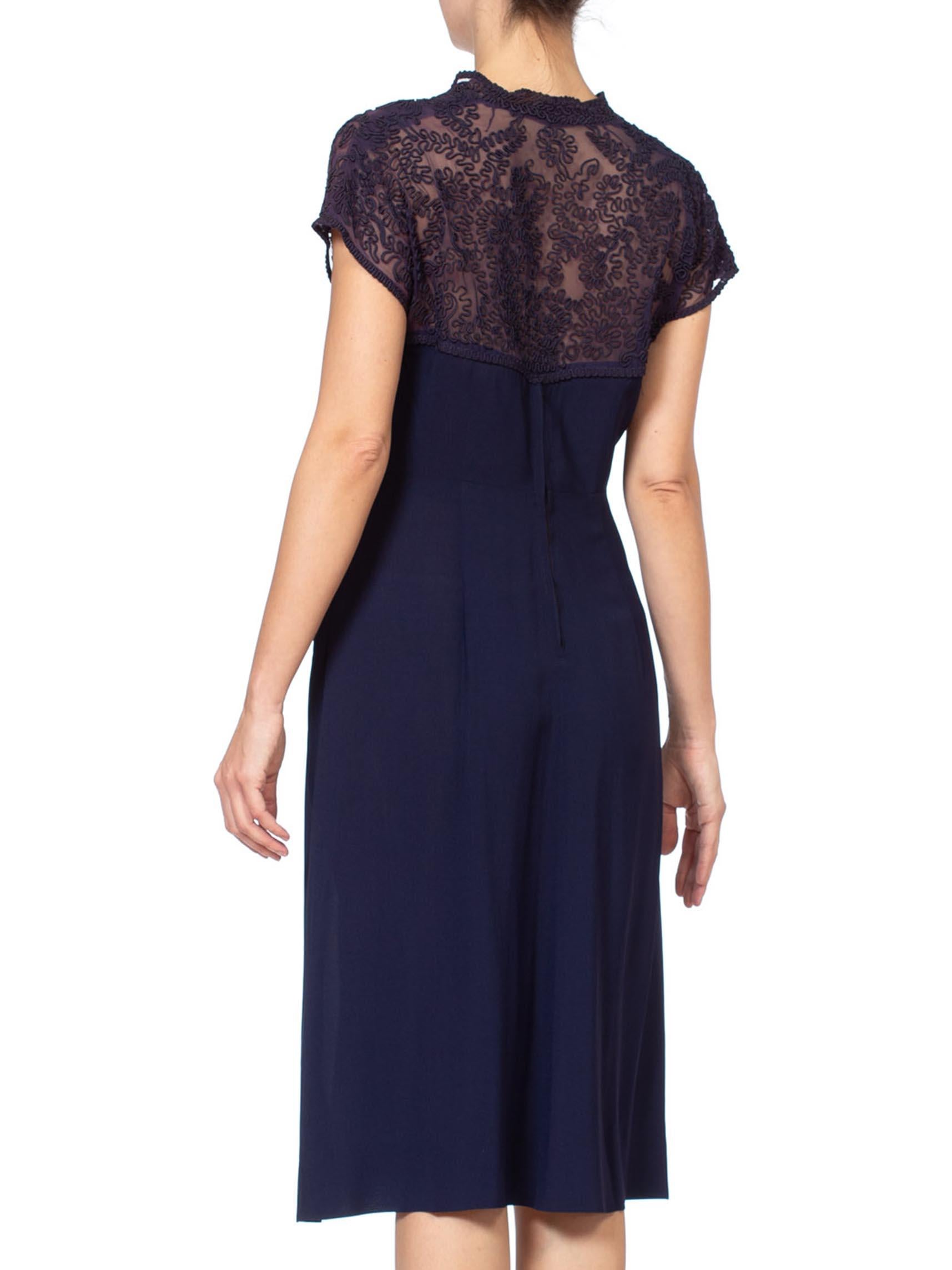 1940'S Navy Blue Rayon Crepe Dress With Embroidered Sheer Back In Excellent Condition For Sale In New York, NY