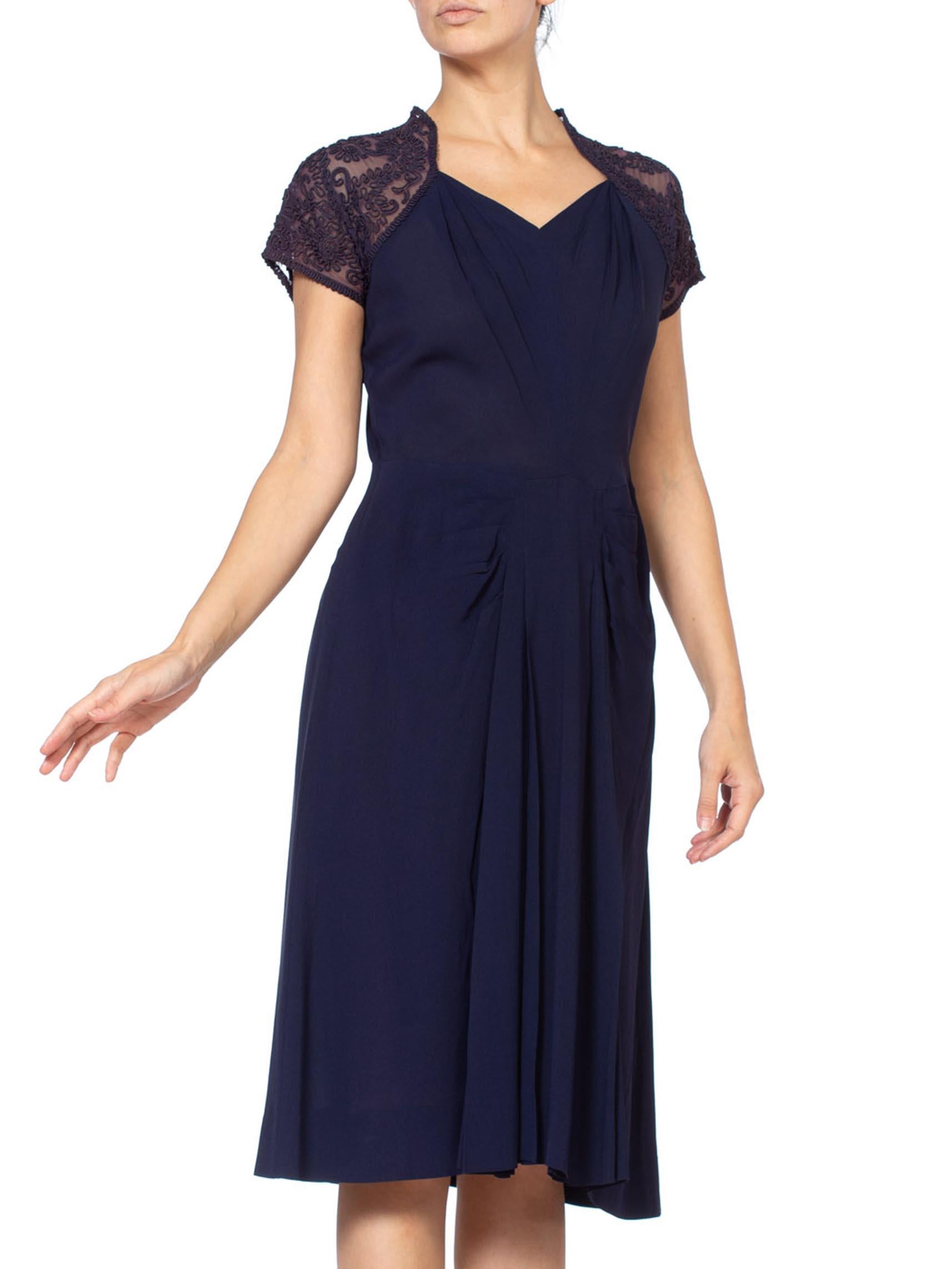 Women's 1940'S Navy Blue Rayon Crepe Dress With Embroidered Sheer Back For Sale