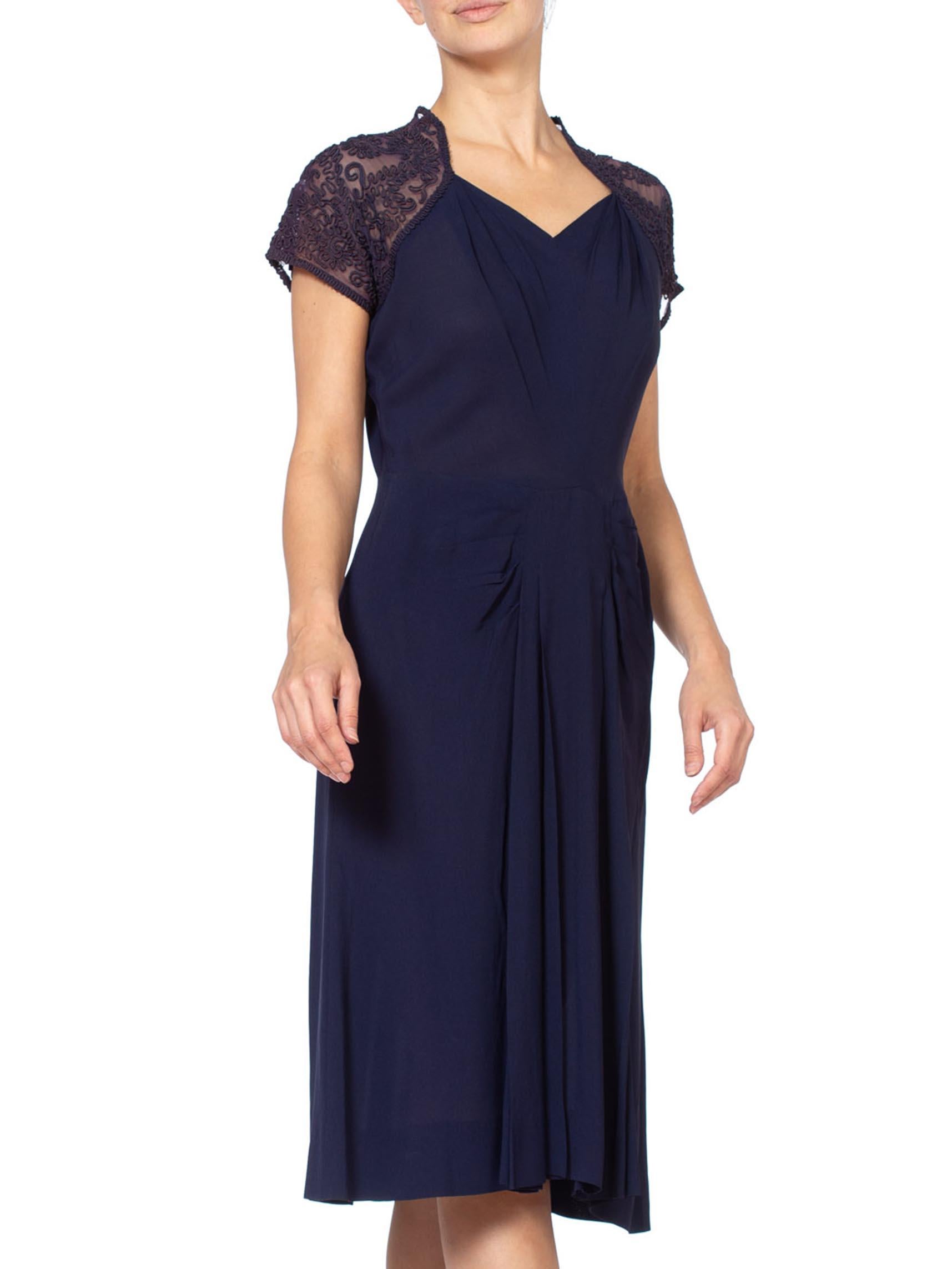 1940'S Navy Blue Rayon Crepe Dress With Embroidered Sheer Back For Sale 1