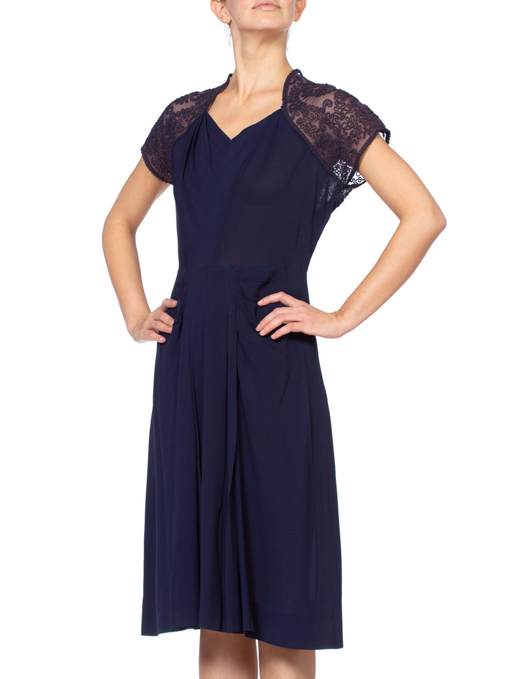 1940'S Navy Blue Rayon Crepe Dress With Embroidered Sheer Back For Sale 2