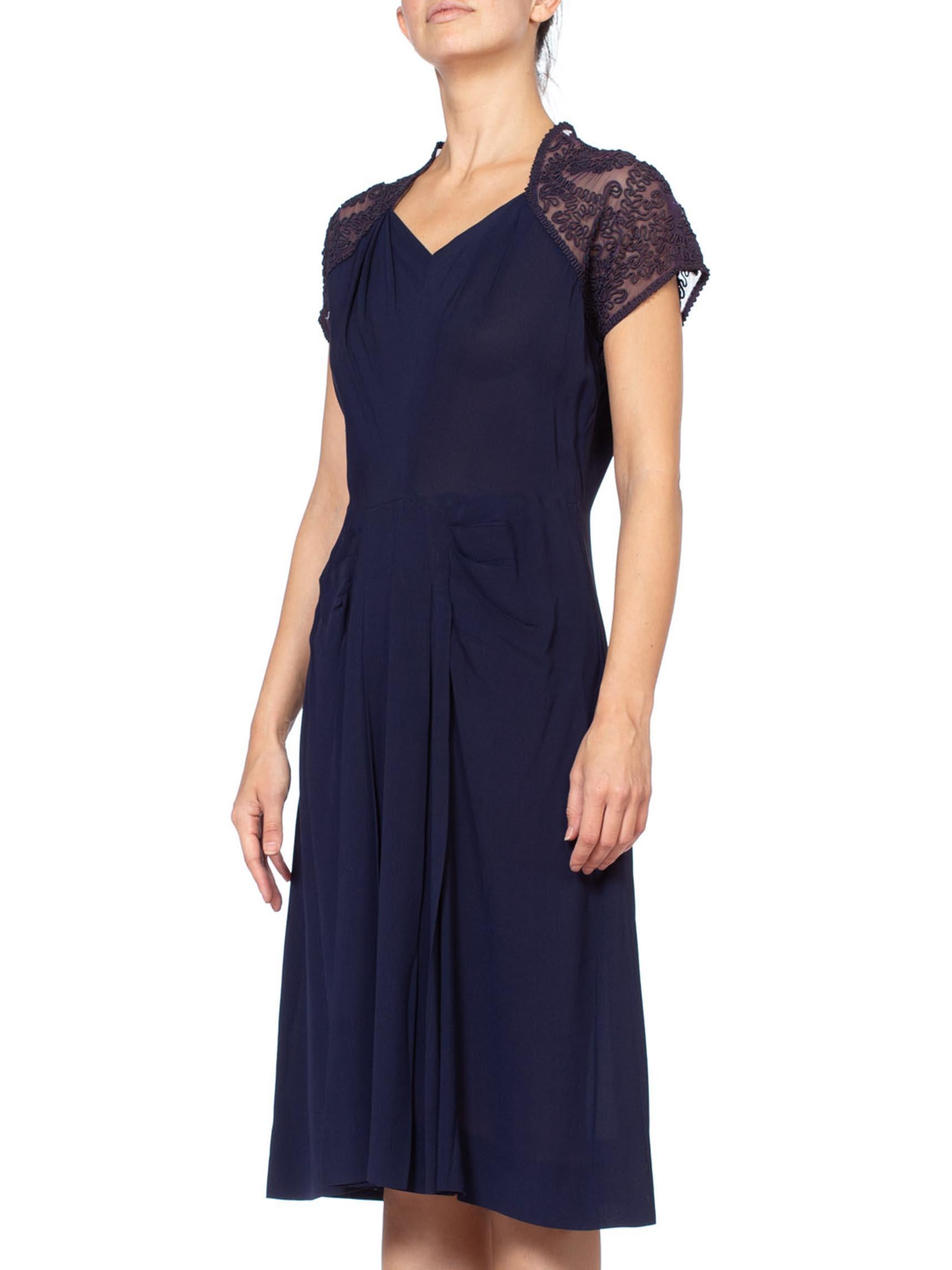 1940'S Navy Blue Rayon Crepe Dress With Embroidered Sheer Back For Sale 3