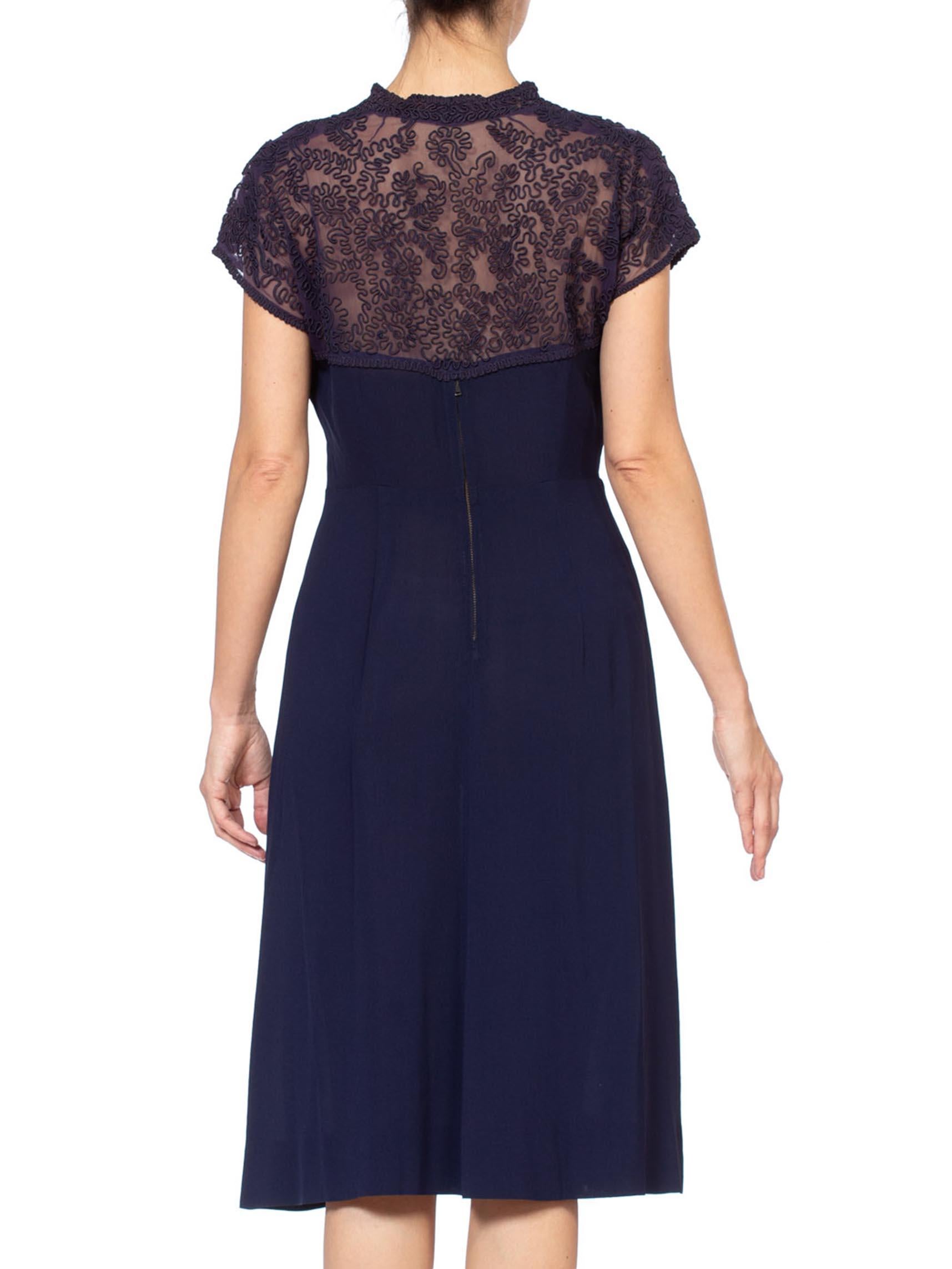 1940'S Navy Blue Rayon Crepe Dress With Embroidered Sheer Back For Sale 4