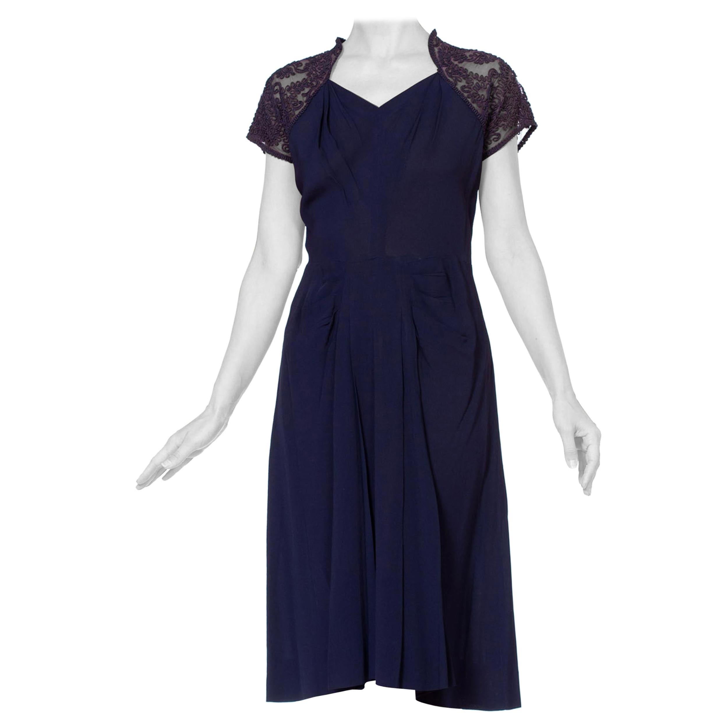 1940'S Navy Blue Rayon Crepe Dress With Embroidered Sheer Back For Sale