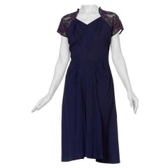 Vintage 1940'S Navy Blue Rayon Crepe Dress With Embroidered Sheer Back