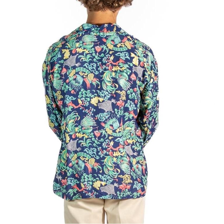 Men's 1940S Navy Blue Multicolored Rayon Mens Pajamas For Sale
