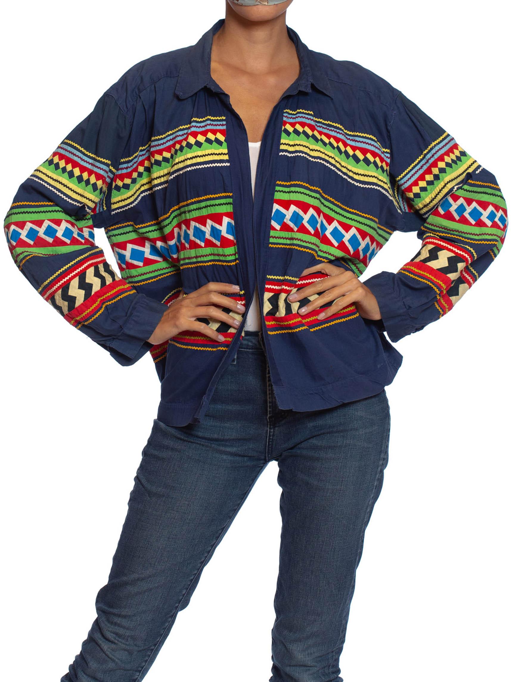 Women's 1940S Navy Blue Patchwork Cotton Florida Seminole Native American Jacket With R For Sale