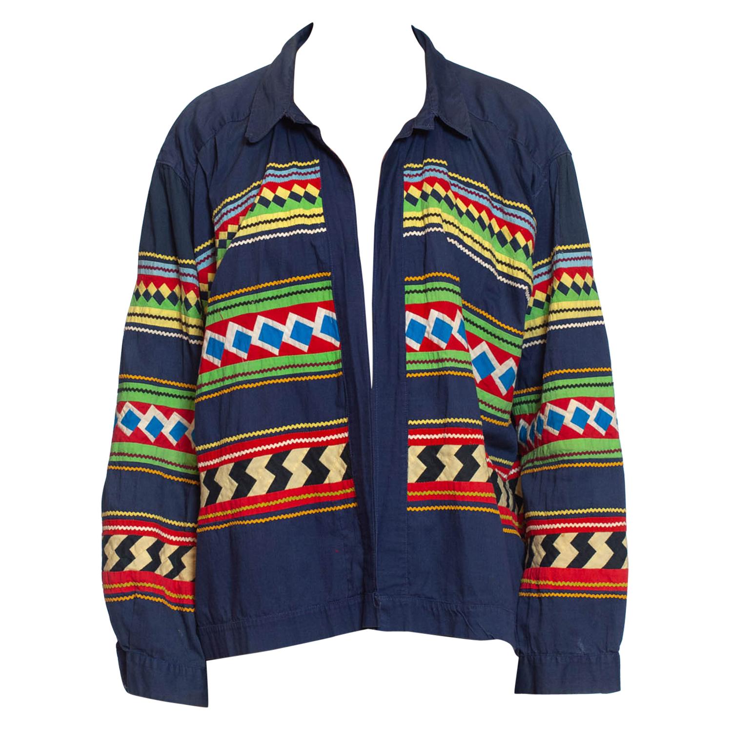 1940S Navy Blue Patchwork Cotton Florida Seminole Native American Jacket With R For Sale