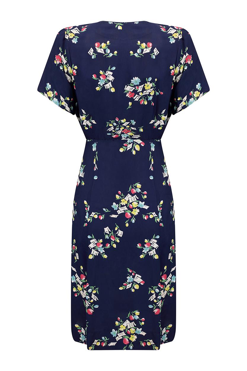 Black 1940s Navy Blue Rayon Dress With Floral Novelty Print 