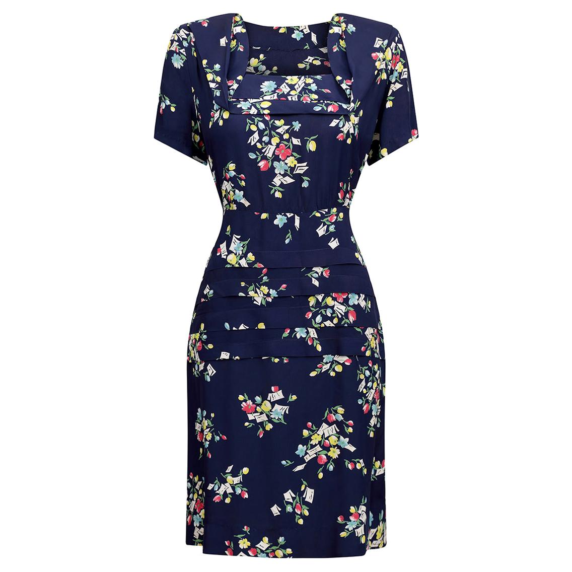 1940s Navy Blue Rayon Dress With Floral Novelty Print 