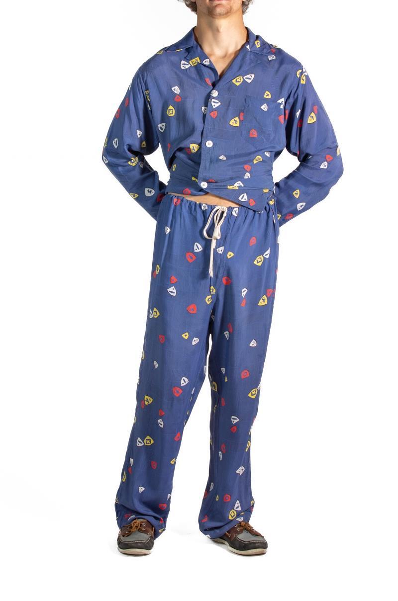 1940S Navy Blue Rayon Mens Pajamas For Sale 4