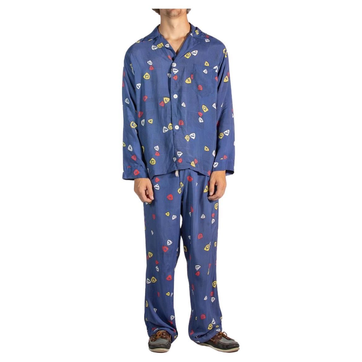 1940S Navy Blue Rayon Mens Pajamas For Sale