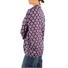 1940S Navy Blue & Red Cold Rayon Button Down Men's Shirt