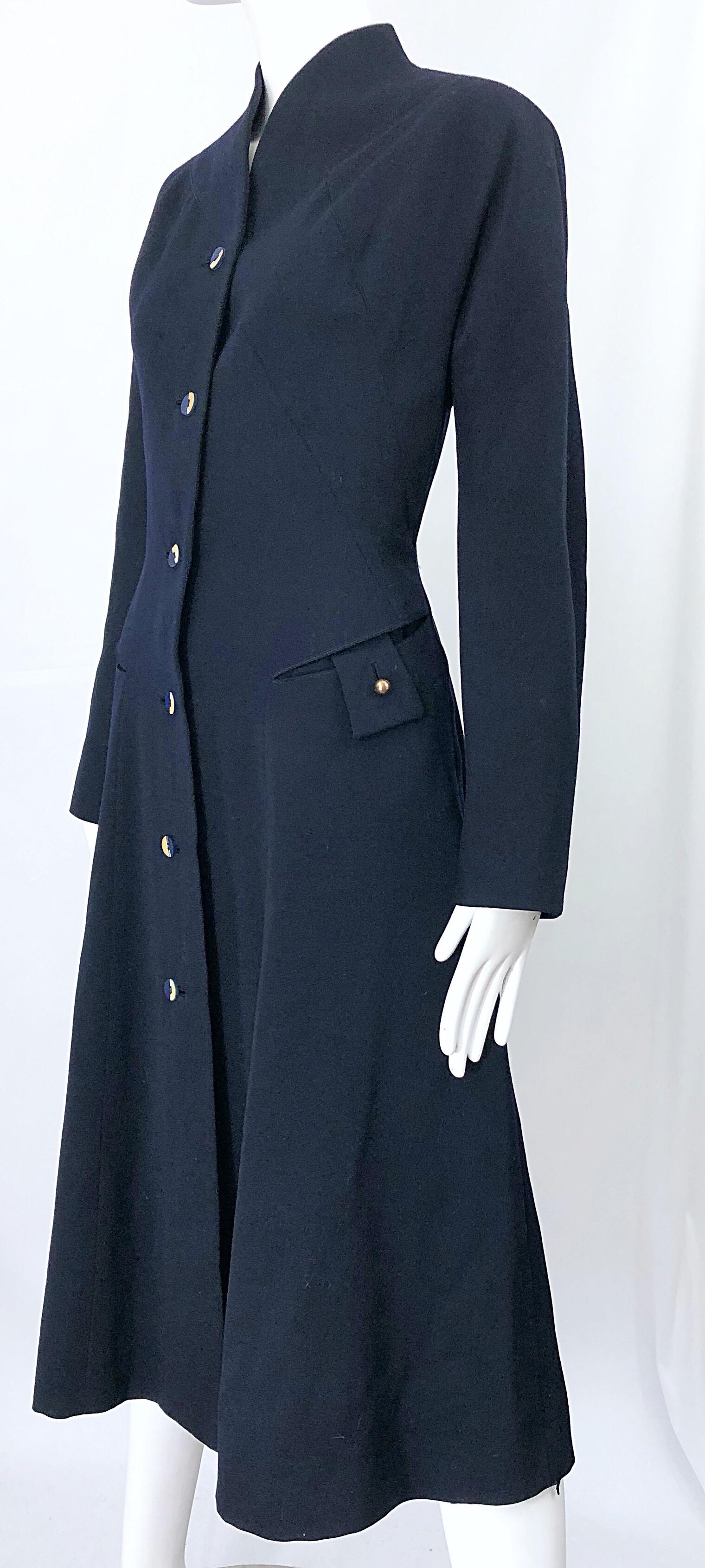 1940s Navy Blue Sleek Deco Style Vintage 40s Princess Jacket Coat w/ Pockets For Sale 4