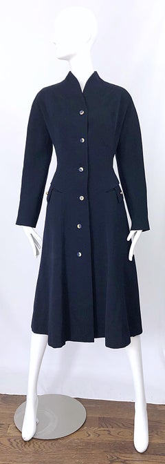 1940s Navy Blue Sleek Deco Style Vintage 40s Princess Jacket Coat w/ Pockets
